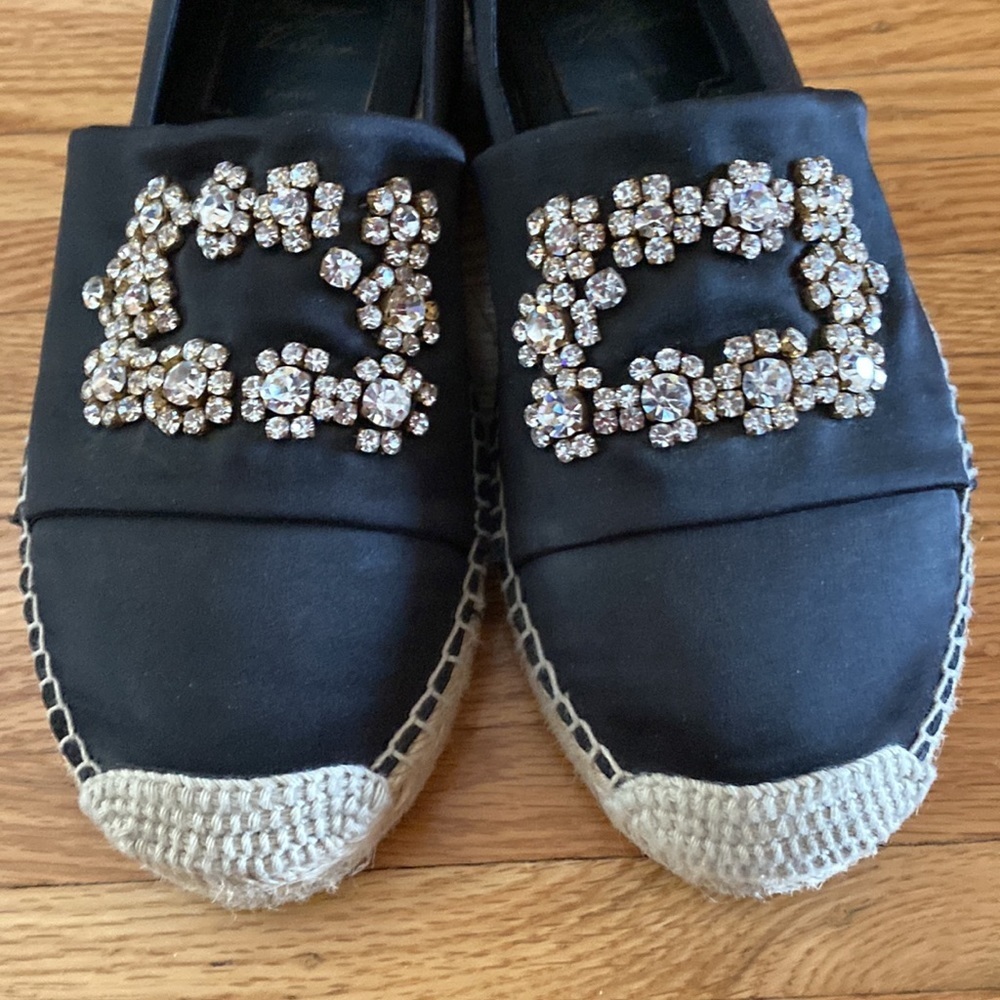 ROGER VIVIER  Flower Strass Satin Espadrilles, Black, Size 5, Made in Italy